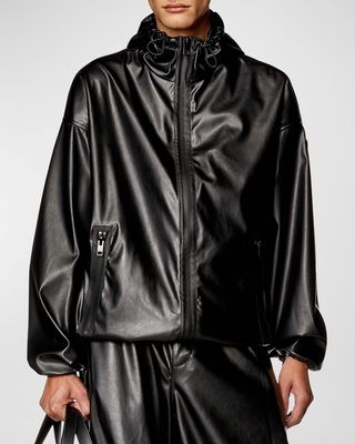 Men's Hooded Faux-Leather Wind Resistant Jacket