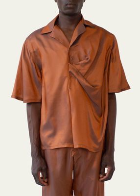 Men's Iridescent Asymmetric Ruched Camp Shirt
