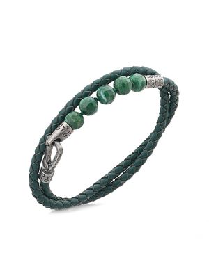 Men's Jade, Silver, & Leather Lash Double-Wrap 5-Bead Bracelet - Green - Size Medium - Green - Size Medium