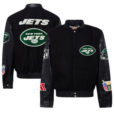 Men's Jeff Hamilton  Black New York Jets Wool & Leather Full-Snap Varsity Jacket