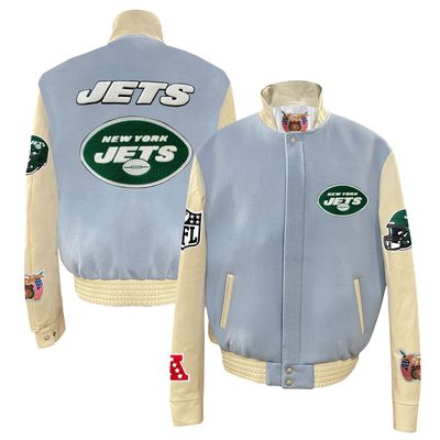 Men's Jeff Hamilton  Light Blue New York Jets Wool & Leather Full-Snap Varsity Jacket