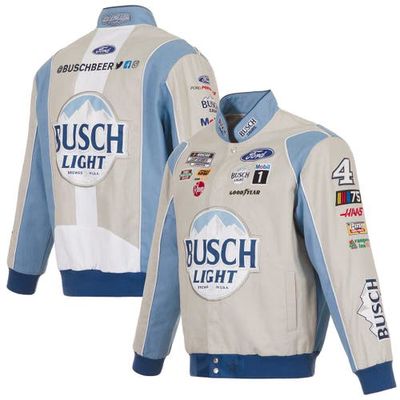 Men's JH Design Gray/Light Blue Kevin Harvick Busch Light Twill Driver Uniform Full-Snap Jacket