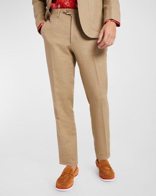 Men's Khaki Linen Straight-Leg Trousers