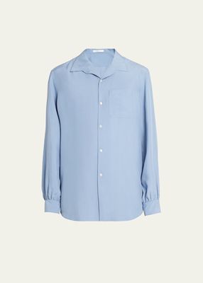 Men's Kiton Open-Collar Silk Button-Front Shirt