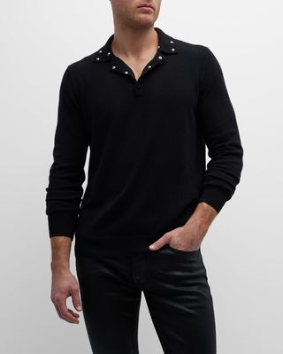 Men's Knit Polo Shirt w/ Studded Collar