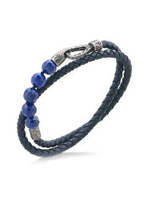 Men's Lapis, Silver, & Leather Lash Double-Wrap 5-Bead Bracelet - Blue - Size Medium - Blue - Size Medium