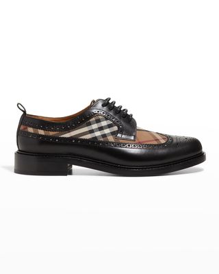 Men's Leather & Check Textile Wingtip Oxford Shoes