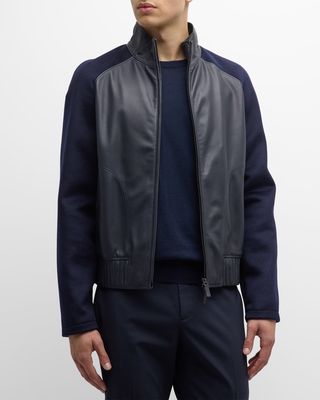 Men's Leather Bomber Jacket with Knit Sleeves