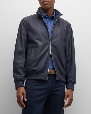 Men's Leather Full-Zip Bomber Jacket