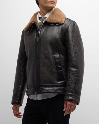 Men's Leather Jacket with Shearling Collar