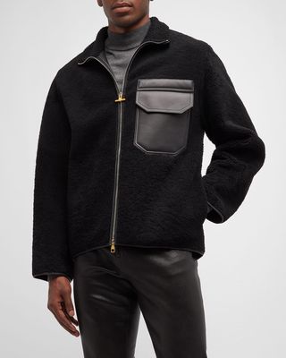 Men's Leather-Pocket Shearling Full-Zip Jacket