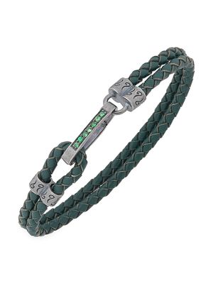 Men's Leather, Silver, & Tsavorite Lash Parallel Cable Bracelet - Green - Size Medium - Green - Size Medium