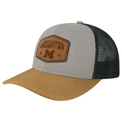 Men's Legacy Athletic Heather Gray/Tan Michigan Wolverines College Football Playoff 2023 National Champions Mid-Pro Leather Trucker Adjustable Hat