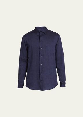Men's Linen Casual Button-Down Shirt with Pocket
