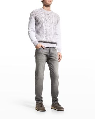 Men's Linen-Cotton Plated Aran Crewneck Sweater
