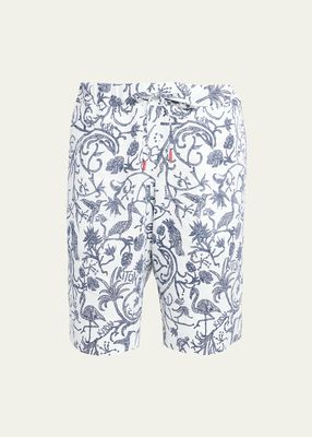 Men's Linen Floral-Print Drawstring Shorts