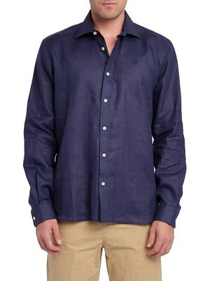 Men's Linen Long-Sleeve Button-Front Shirt - Navy - Size Small