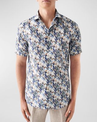 Men's Linen Palm-Print Short-Sleeve Shirt