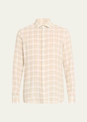 Men's Linen Plaid Casual Button-Down Shirt