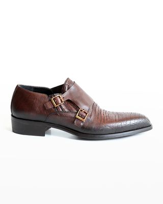 Men's Lizard-Printed Double Monk Strap Leather Loafers