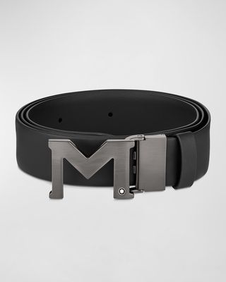 Men's M Buckle Black Leather Belt