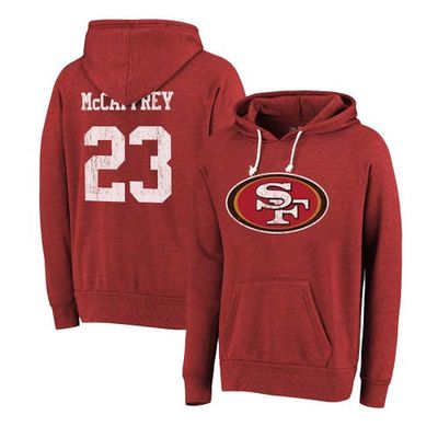 Men's Majestic Threads Christian McCaffrey Scarlet San Francisco 49ers Name & Number Tri-Blend Pullover Hoodie