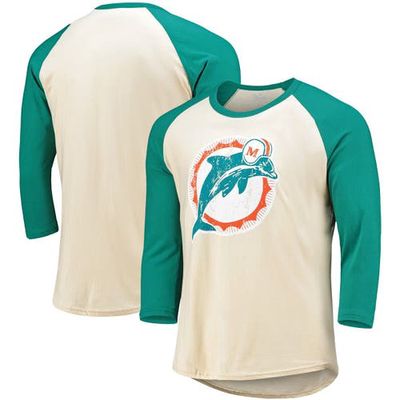 Men's Majestic Threads Cream/Aqua Miami Dolphins Gridiron Classics Raglan 3/4-Sleeve T-Shirt