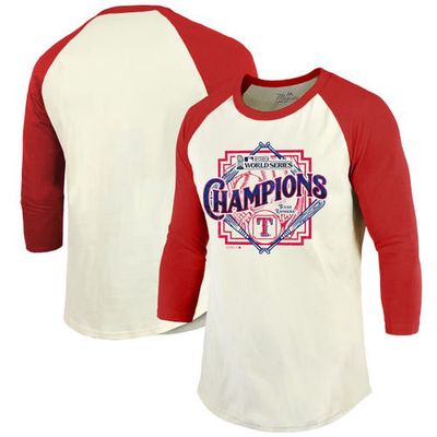 Men's Majestic Threads Cream/Red Texas Rangers 2023 World Series Champions Raglan 3/4-Sleeve T-Shirt