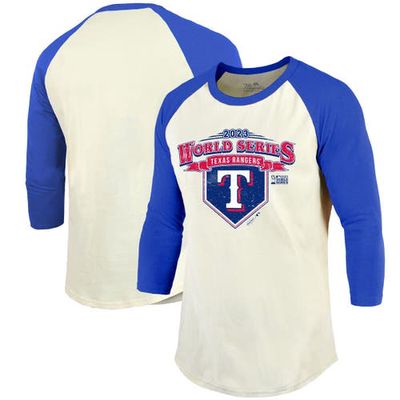 Men's Majestic Threads Cream/Royal Texas Rangers 2023 World Series Confetti Soft Hand Raglan 3/4-Sleeve T-Shirt