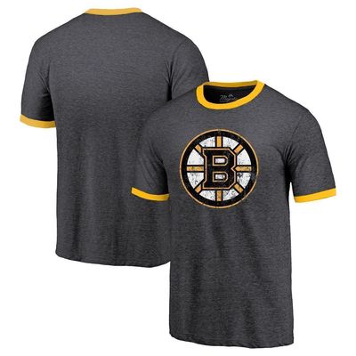 Men's Majestic Threads Heathered Black Boston Bruins Ringer Contrast Tri-Blend T-Shirt in Heather Black