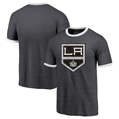 Men's Majestic Threads Heathered Black Los Angeles Kings Ringer Contrast Tri-Blend T-Shirt in Heather Black