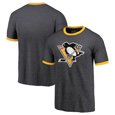Men's Majestic Threads Heathered Black Pittsburgh Penguins Ringer Contrast Tri-Blend T-Shirt in Heather Black