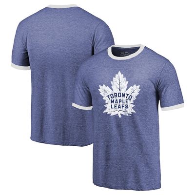 Men's Majestic Threads Heathered Blue Toronto Maple Leafs Ringer Contrast Tri-Blend T-Shirt