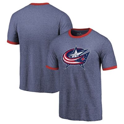 Men's Majestic Threads Heathered Navy Columbus Blue Jackets Ringer Contrast Tri-Blend T-Shirt in Heather Navy