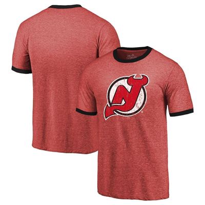 Men's Majestic Threads Heathered Red New Jersey Devils Ringer Contrast Tri-Blend T-Shirt in Heather Red