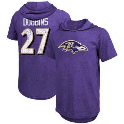 Men's Majestic Threads J. K. Dobbins Purple Baltimore Ravens Player Name & Number Tri-Blend Hoodie T-Shirt