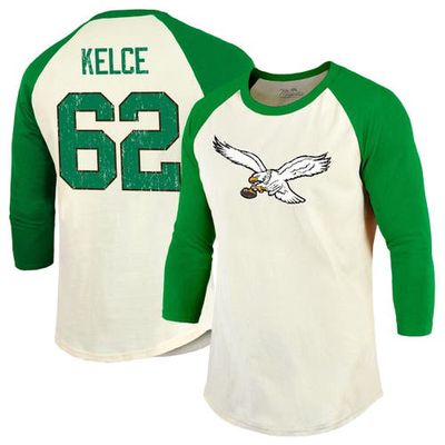Men's Majestic Threads Jason Kelce Cream/Kelly Green Philadelphia Eagles Alternate Player Name & Number Raglan 3/4-Sleeve T-Shirt