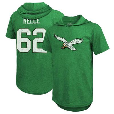 Men's Majestic Threads Jason Kelce Midnight Green Philadelphia Eagles Alternate Name & Number Tri-Blend Short Sleeve Hoodie T-Shirt in Kelly Green at