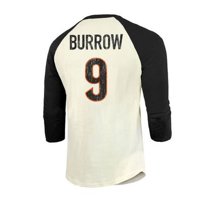 Men's Majestic Threads Joe Burrow Cream/Black Cincinnati Bengals Vintage Player Name & Number 3/4-Sleeve Fitted T-Shirt