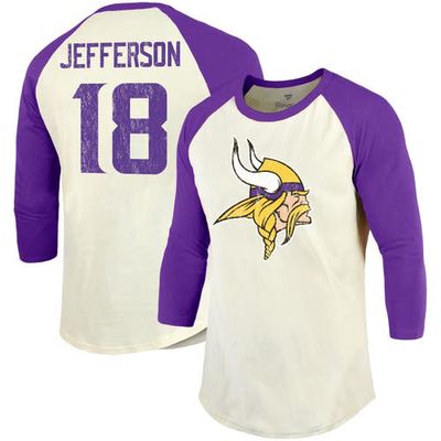 Men's Majestic Threads Justin Jefferson Cream/Purple Minnesota Vikings Vintage Player Name & Number 3/4-Sleeve Fitted T-Shirt