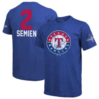 Men's Majestic Threads Marcus Semien Royal Texas Rangers 2023 World Series Champions Name & Number T-Shirt