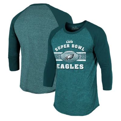 Men's Majestic Threads Midnight Green Philadelphia Eagles Super Bowl LVII Tri-Blend Make It Happen Raglan 3/4 Sleeve T-Shirt