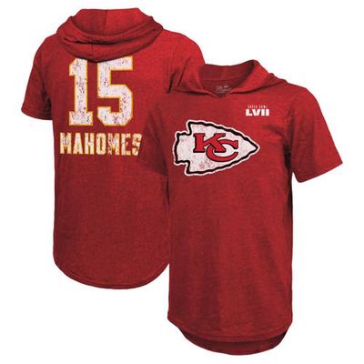 Men's Majestic Threads Patrick Mahomes Red Kansas City Chiefs Super Bowl LVII Name & Number Tri-Blend Short Sleeve Hoodie T-Shirt
