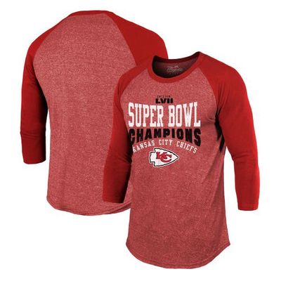 Men's Majestic Threads Red Kansas City Chiefs Super Bowl LVII Champions Roaring Success Tri-Blend 3/4 Sleeve Raglan T-Shirt