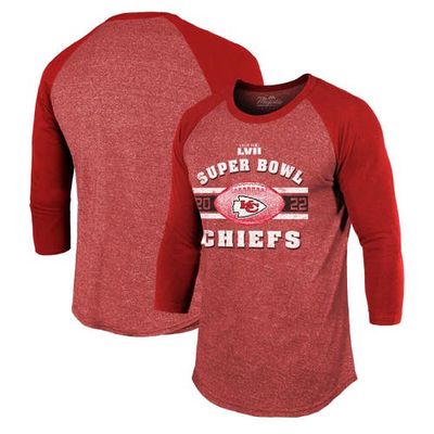 Men's Majestic Threads Red Kansas City Chiefs Super Bowl LVII Tri-Blend Make It Happen Raglan 3/4 Sleeve T-Shirt