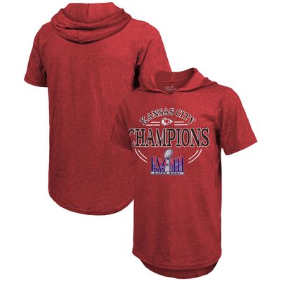 Men's Majestic Threads Red Kansas City Chiefs Super Bowl LVIII Champions Tri-Blend Short Sleeve Hoodie T-Shirt