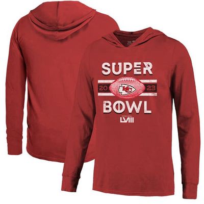 Men's Majestic Threads Red Kansas City Chiefs Super Bowl LVIII Tri-Blend Soft Hand Long Sleeve Hoodie T-Shirt