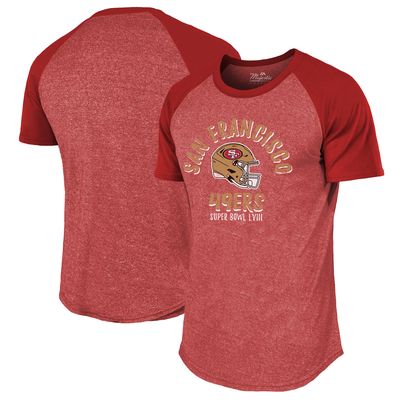 Men's Majestic Threads Scarlet San Francisco 49ers Super Bowl LVIII Tri-Blend Raglan T-Shirt