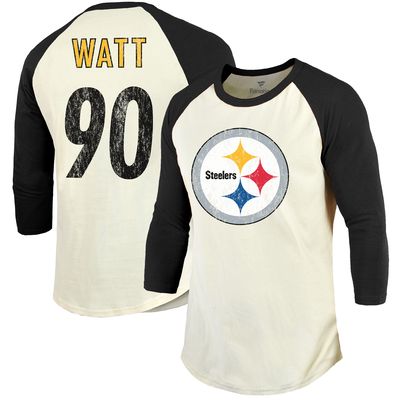 Men's Majestic Threads T. J. Watt Cream/Black Pittsburgh Steelers Vintage Player Name & Number 3/4-Sleeve Fitted T-Shirt