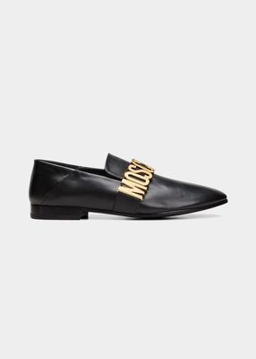 Men's Metal Logo Leather Loafers